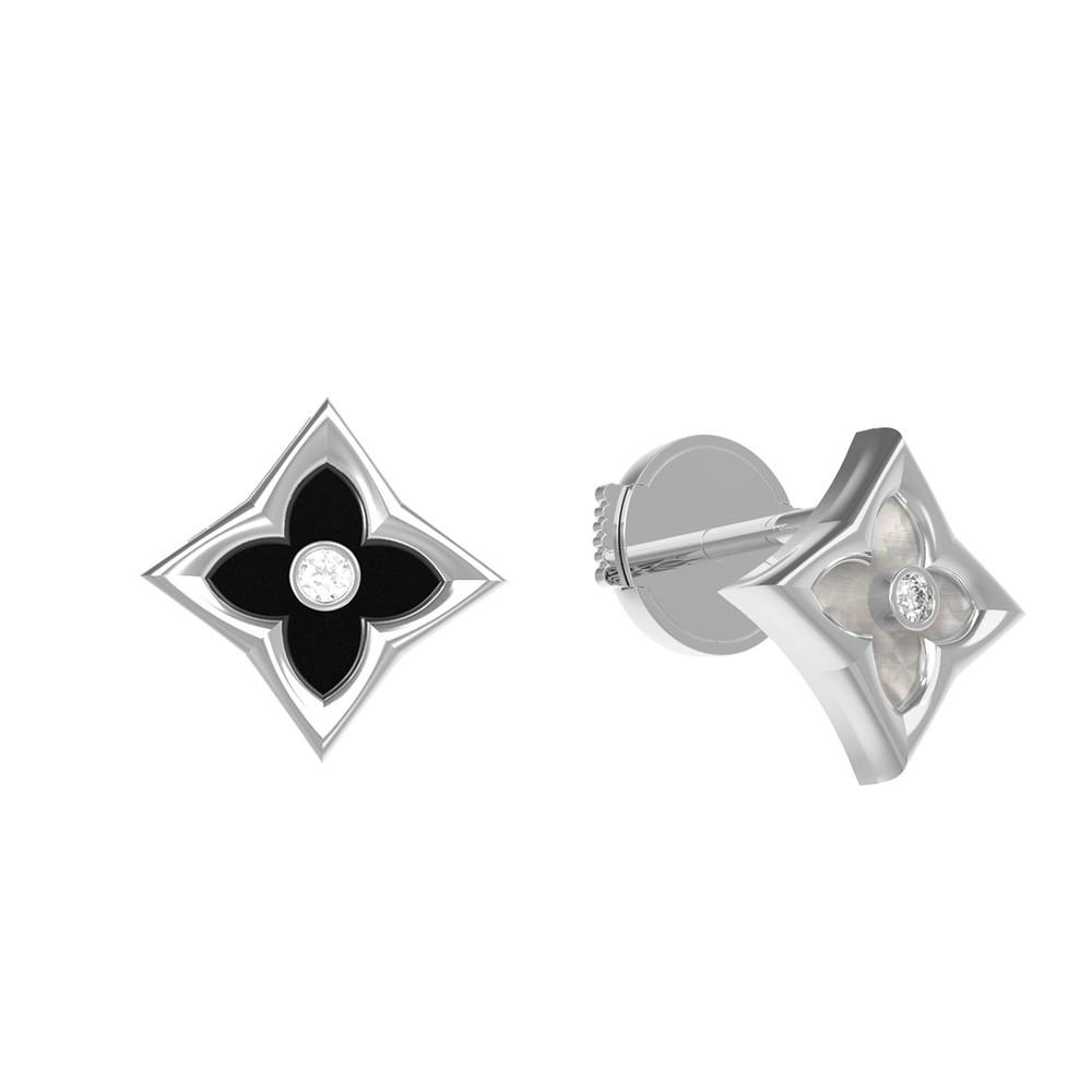 Серьги из белого золота c бриллиантами, ониксом и перламутром