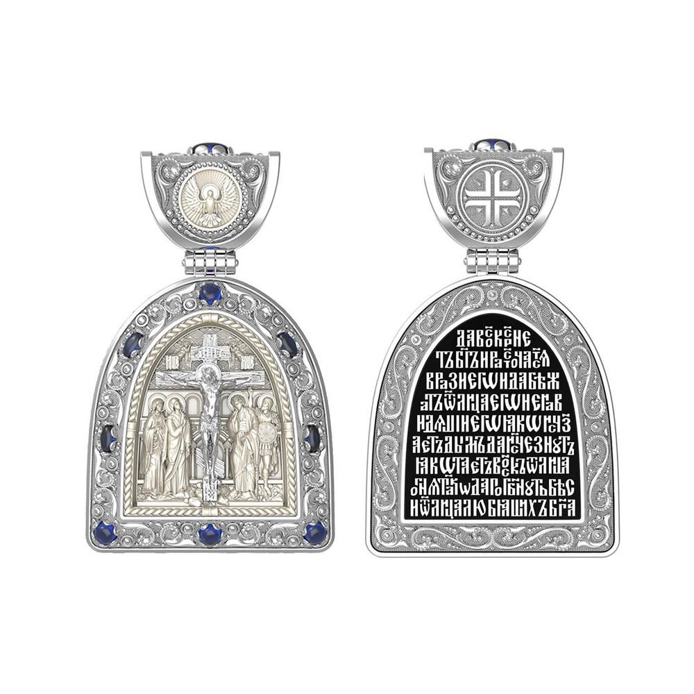 Образок из белого золота c эмаль , сапфиром и бивнем мамонта