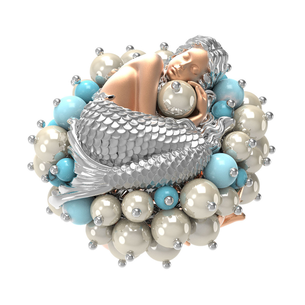 Кольцо из золота c жемчугом и бирюзой