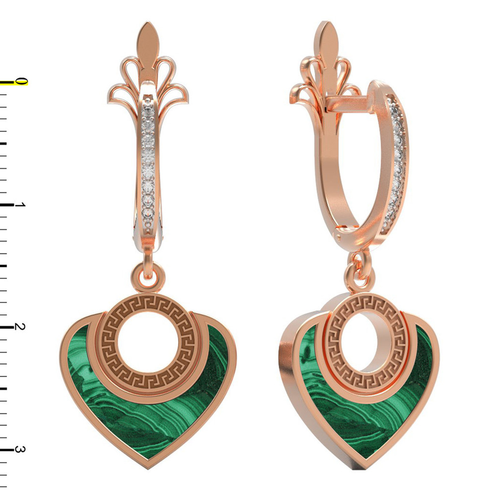 Серьги из золота c фианитом и малахитом