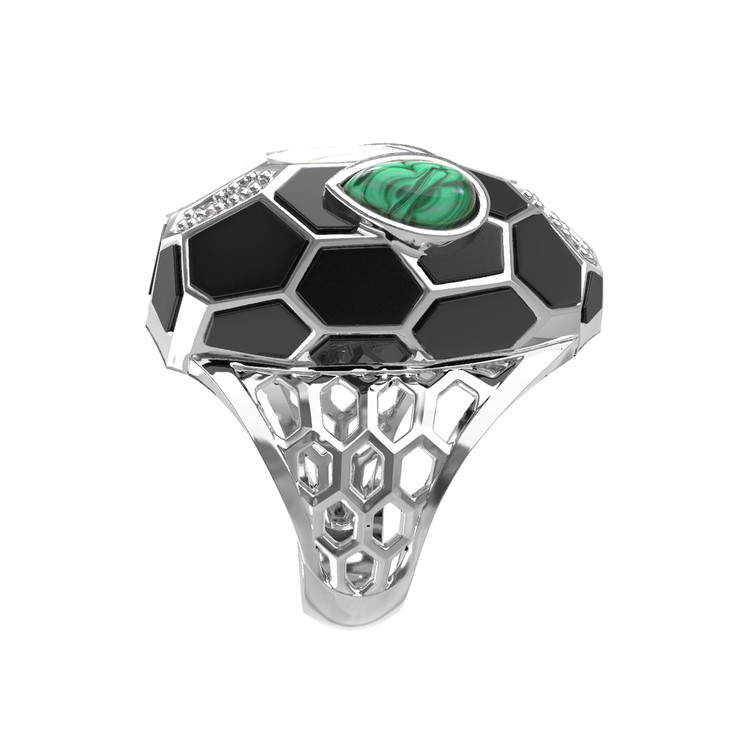 Кольцо из белого золота c бриллиантами, рубином, ониксом, малахитом и перламутром