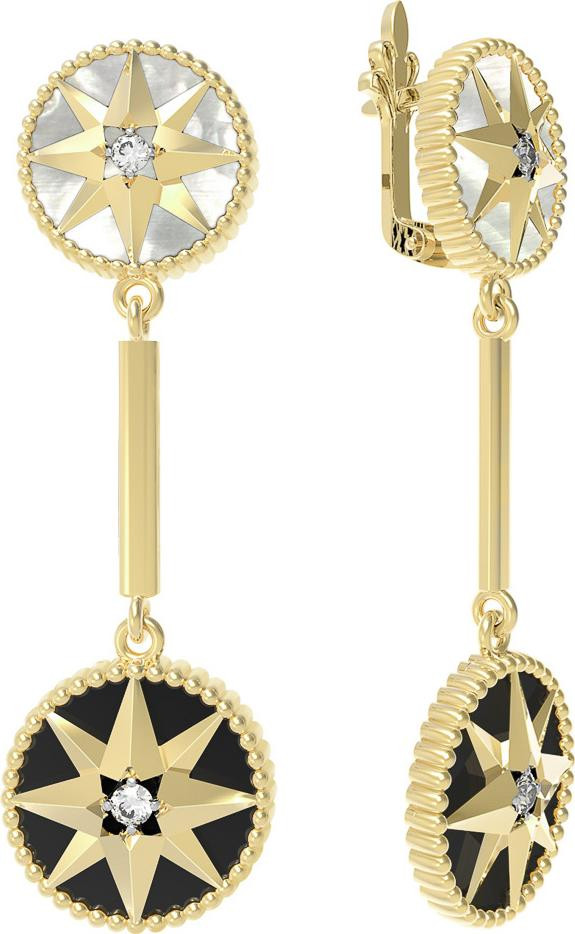 Серьги из лимонного золота c фианитом, ониксом и перламутром