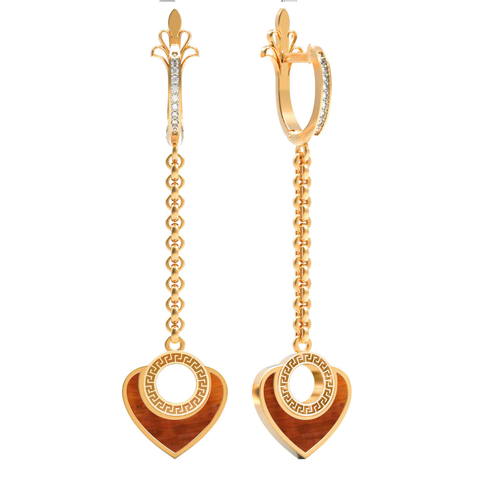 Серьги из золота c фианитом и тигровым глазом