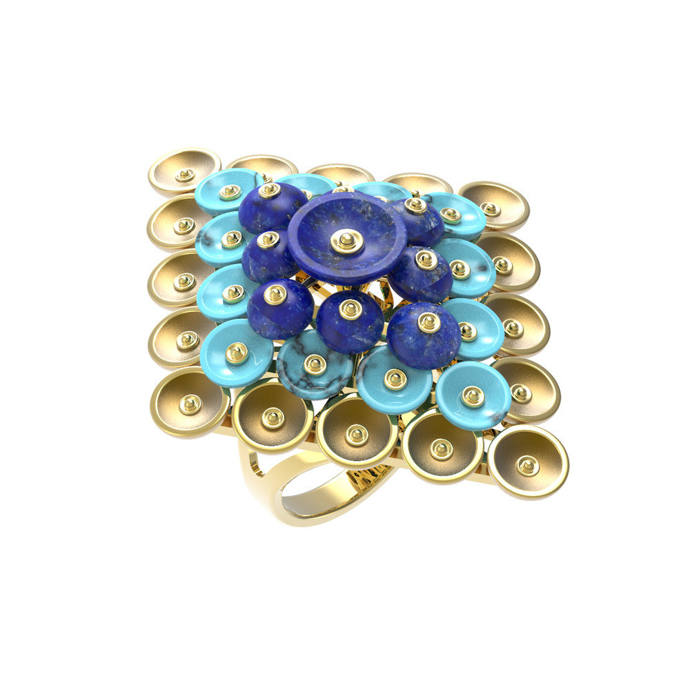 Кольцо из лимонного золота c бирюзой и лазуритом