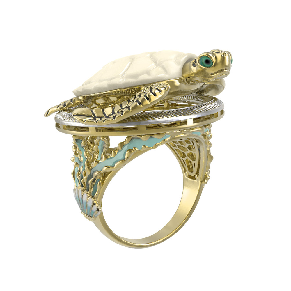 Кольцо из лимонного золота c эмаль и бивнем мамонта