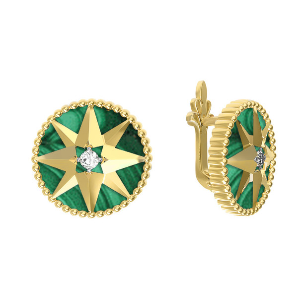 Серьги из лимонного золота c фианитом и малахитом