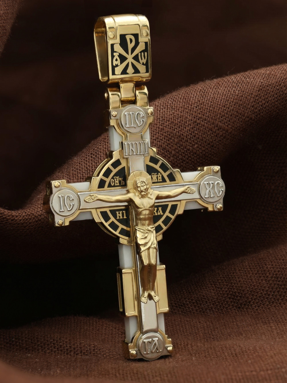 Крест из лимонного золота c эмаль и бивнем мамонта