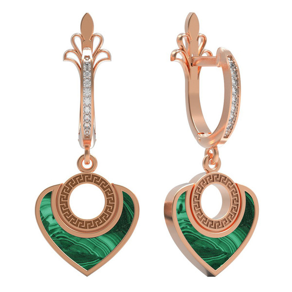 Серьги из золота c фианитом и малахитом