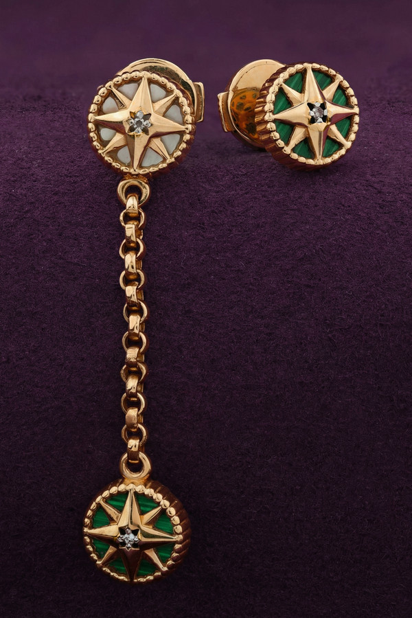 Серьги из золота c бриллиантами, малахитом и перламутром