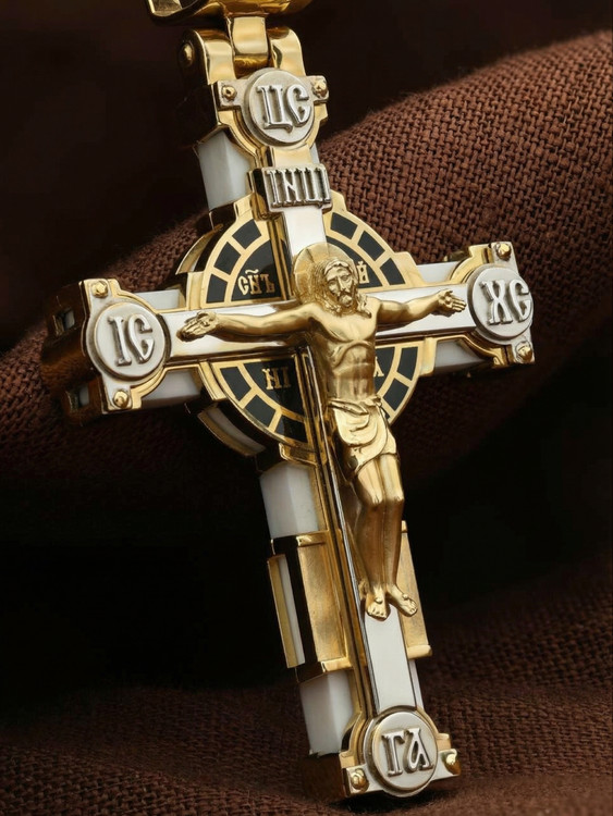 Крест из лимонного золота c эмаль и бивнем мамонта