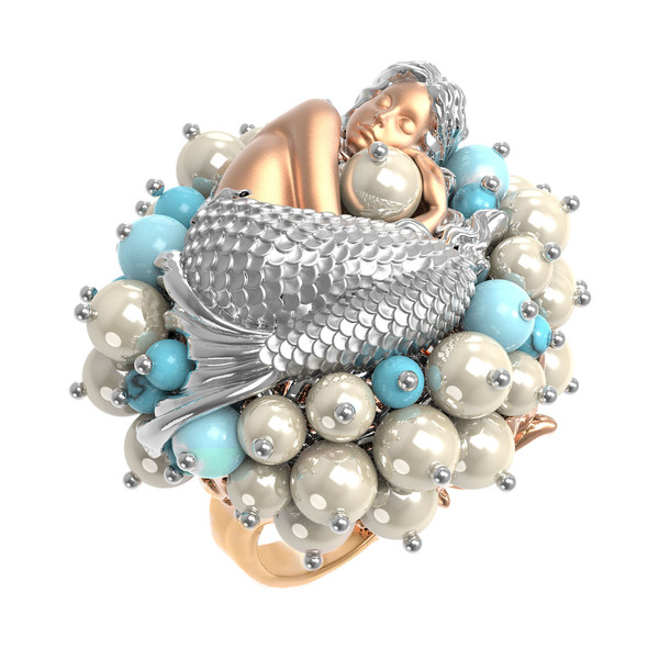 Кольцо из золота c жемчугом и бирюзой