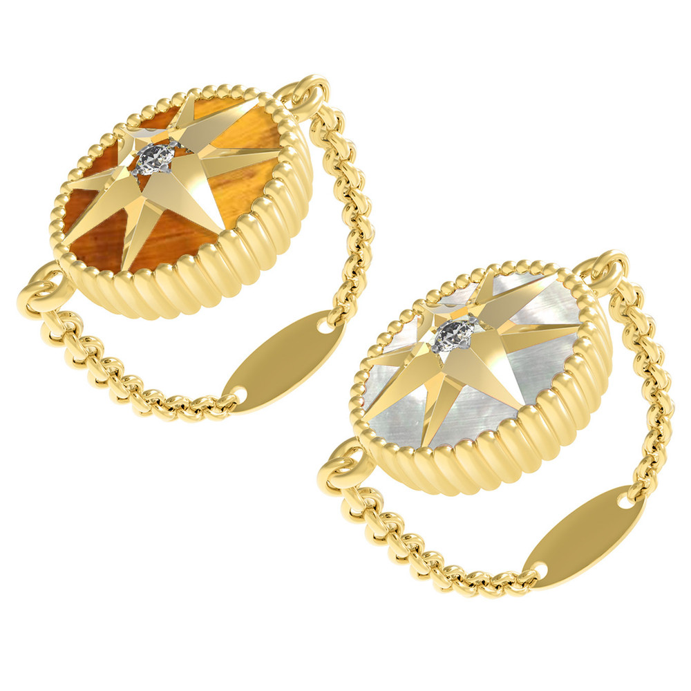 Кольцо из лимонного золота c фианитом, тигровым глазом и перламутром