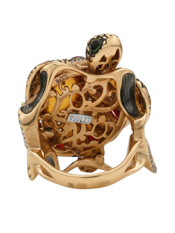 Кольцо из золота c эмаль , фианитом, гранатом и янтарём