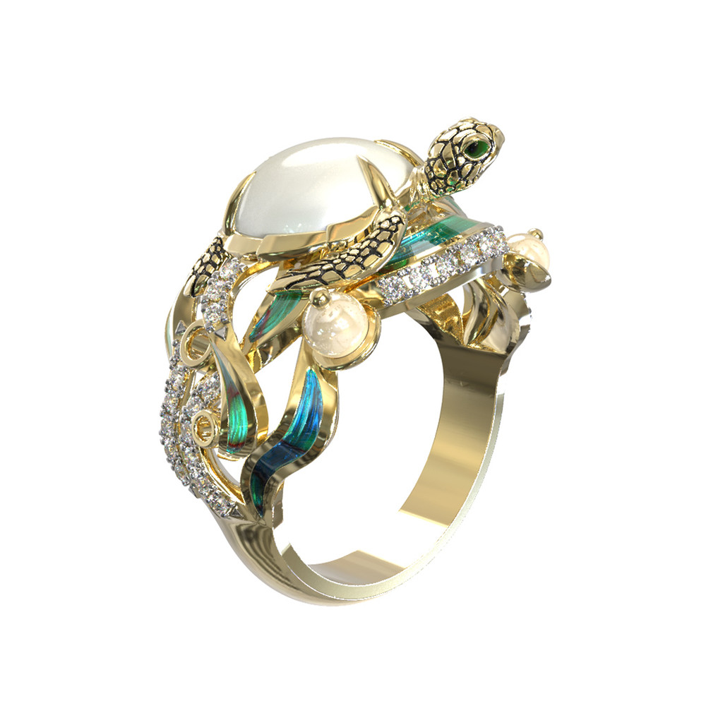 Кольцо из лимонного золота c эмаль , бриллиантами, жемчугом и перламутром