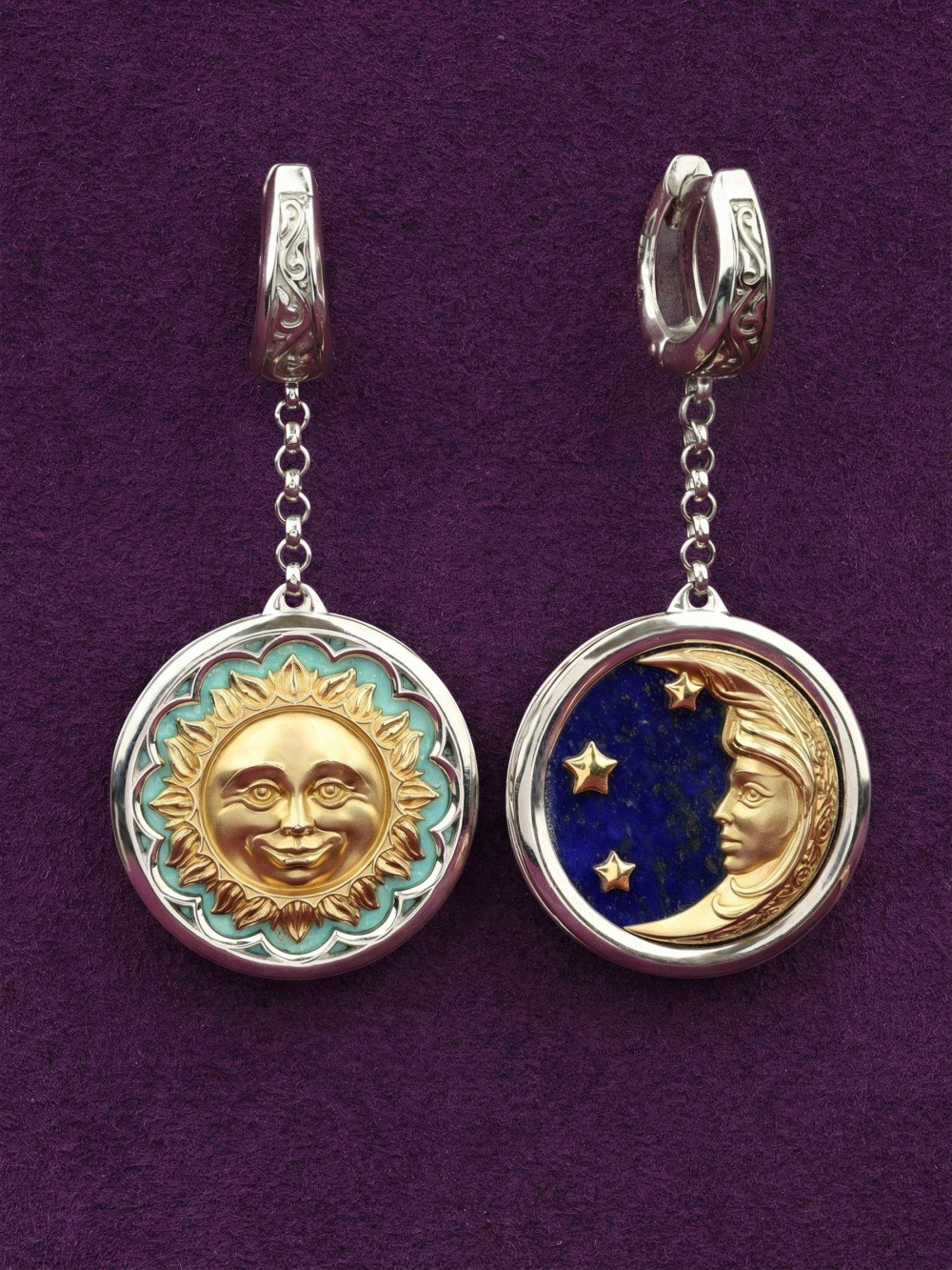 Серьги из белого золота c бирюзой и лазуритом