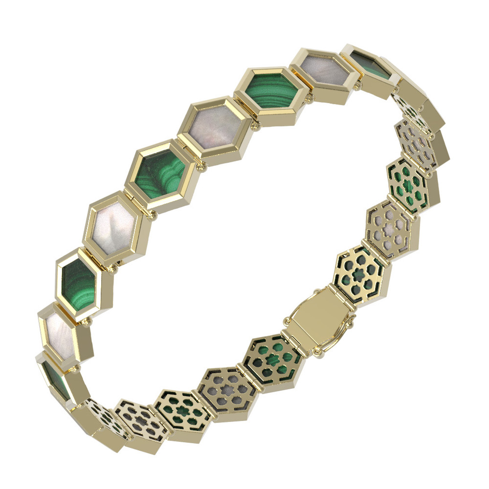 Браслет из лимонного золота c малахитом и перламутром
