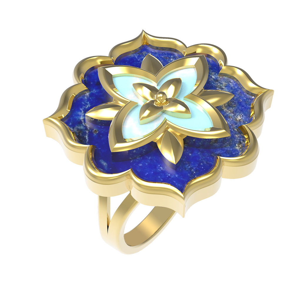 Кольцо из лимонного золота c бирюзой и лазуритом