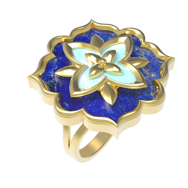 Кольцо из лимонного золота c бирюзой и лазуритом