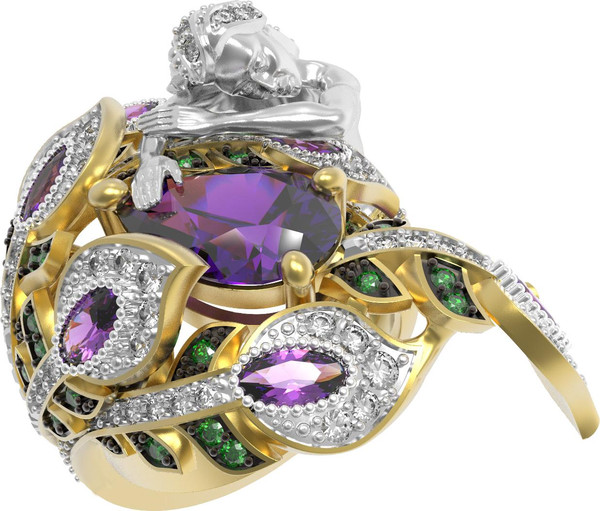 Кольцо из лимонного золота c фианитом и аметистом