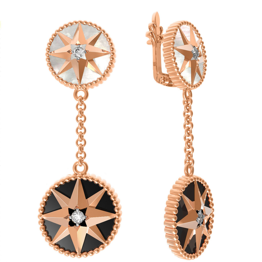 Серьги из золота c фианитом, ониксом и перламутром