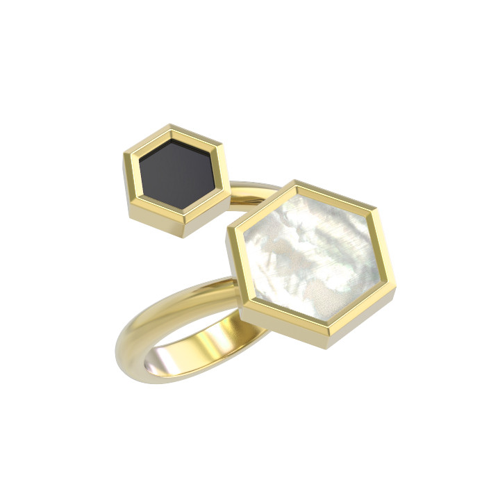 Кольцо из лимонного золота c ониксом и перламутром