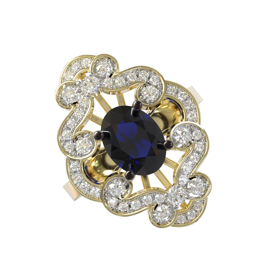 Кольцо из лимонного золота c бриллиантами и сапфиром