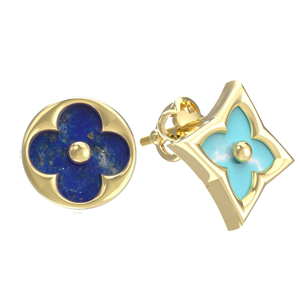 Серьги из лимонного золота c бирюзой и лазуритом