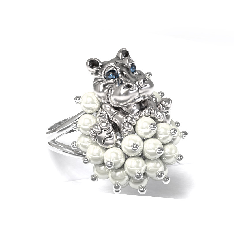 Кольцо из белого золота c эмаль и жемчугом