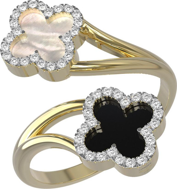 Кольцо из лимонного золота c бриллиантами, ониксом и перламутром