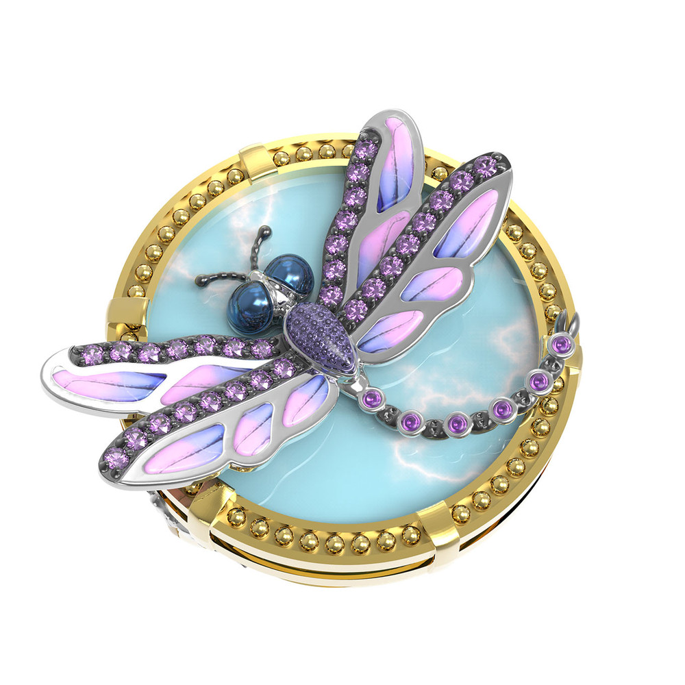 Кольцо из лимонного золота c бирюзой, аметистом и эмалью