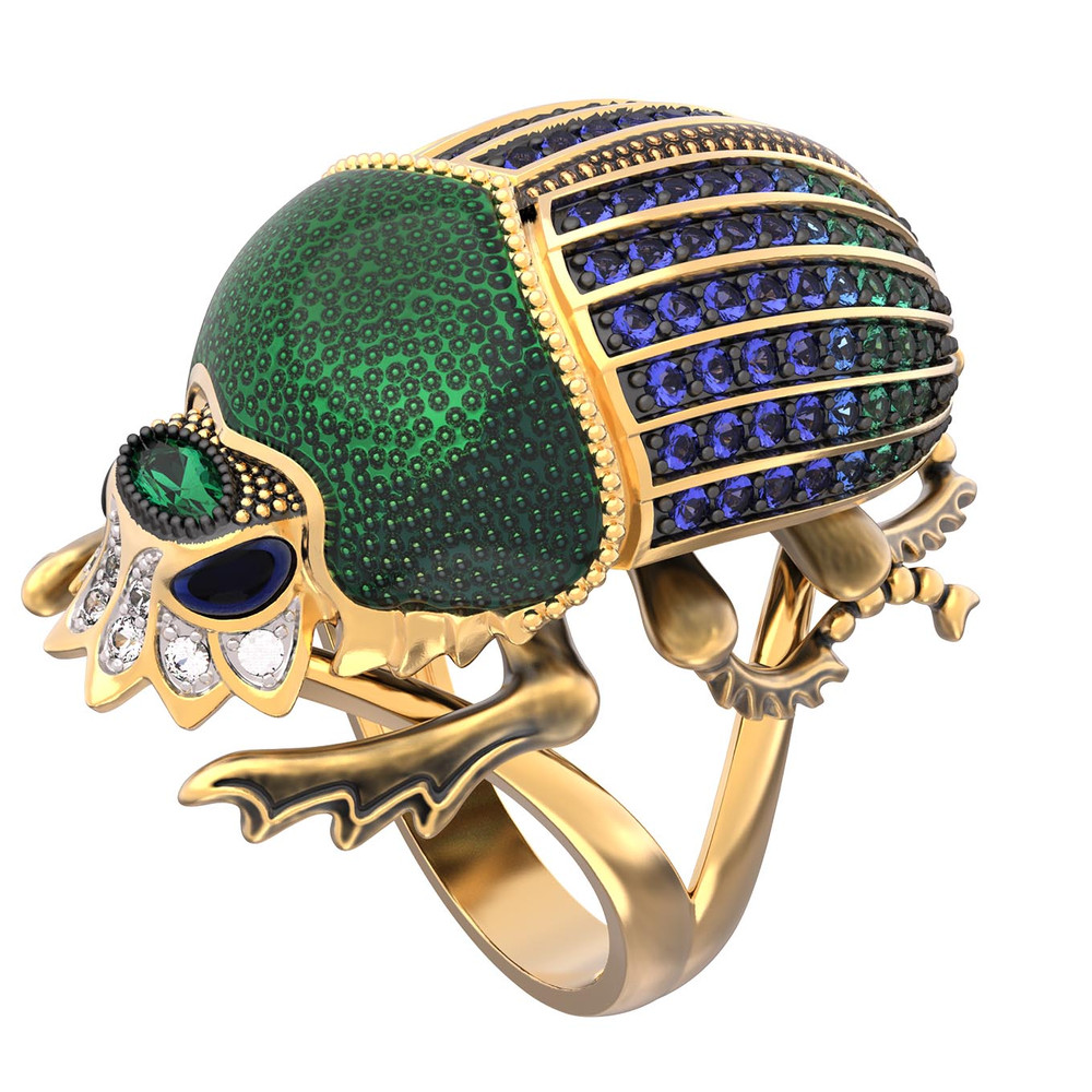 Кольцо из лимонного золота c эмаль , фианитом и турмалином