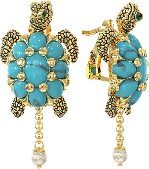 Серьги из лимонного золота c эмаль , жемчугом и бирюзой