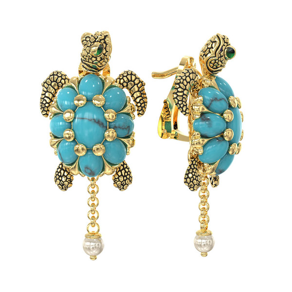 Серьги из лимонного золота c эмаль , жемчугом и бирюзой