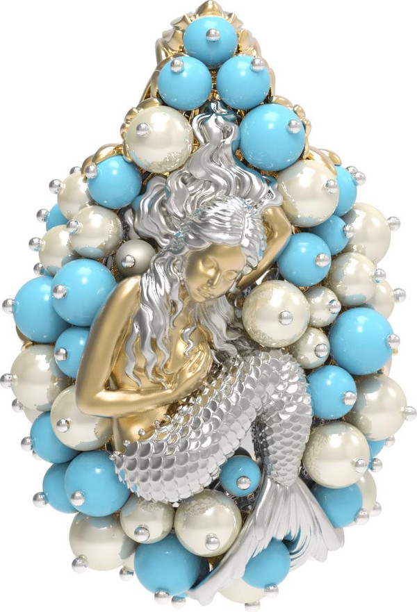 Подвеска из лимонного золота c жемчугом и бирюзой