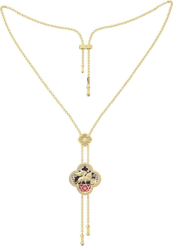 Колье из лимонного золота c эмаль , жемчугом и перламутром