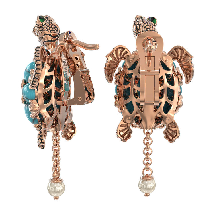 Серьги из золота c эмаль , жемчугом и бирюзой