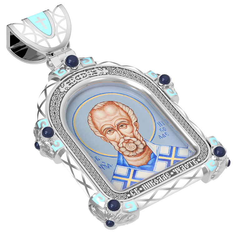 Образок из белого золота c эмаль , иконописью и темперой