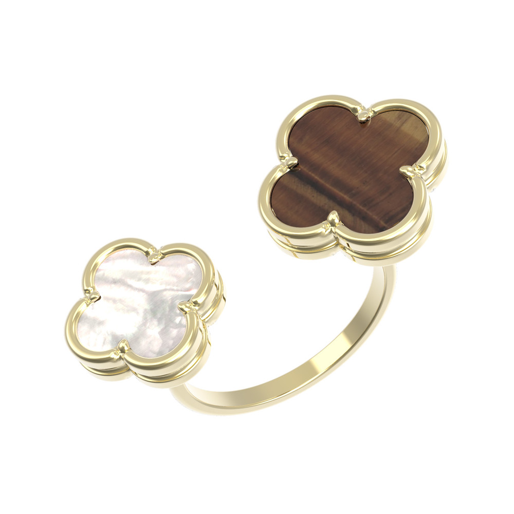 Кольцо из лимонного золота c тигровым глазом и перламутром