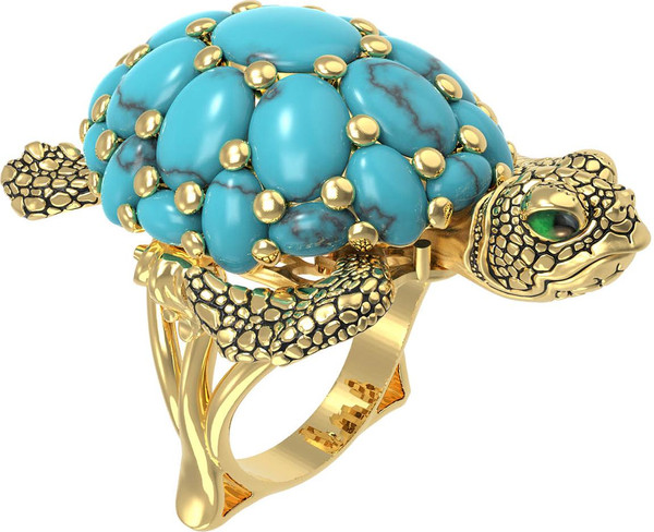 Кольцо из лимонного золота c эмаль и бирюзой