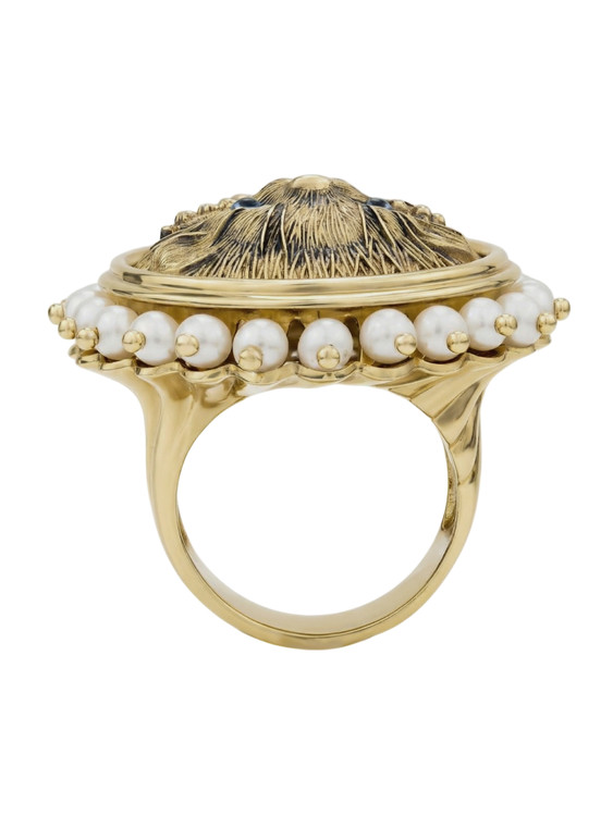 Кольцо из лимонного золота c эмаль и жемчугом