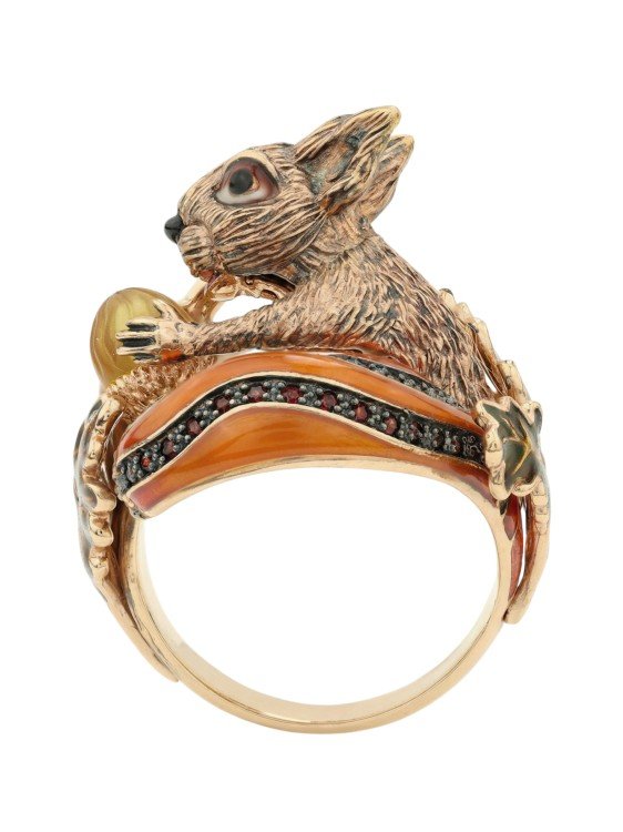 Кольцо из золота c эмаль , гранатом и янтарём