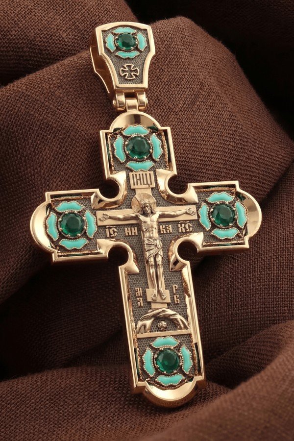 Крест из золота c эмалью и хризопразом