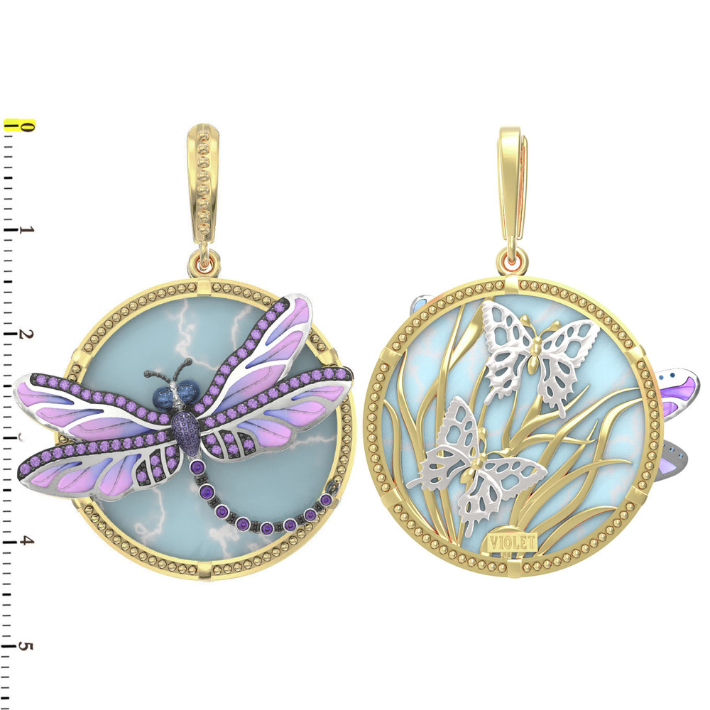 Подвеска из лимонного золота c бирюзой, аметистом и эмалью