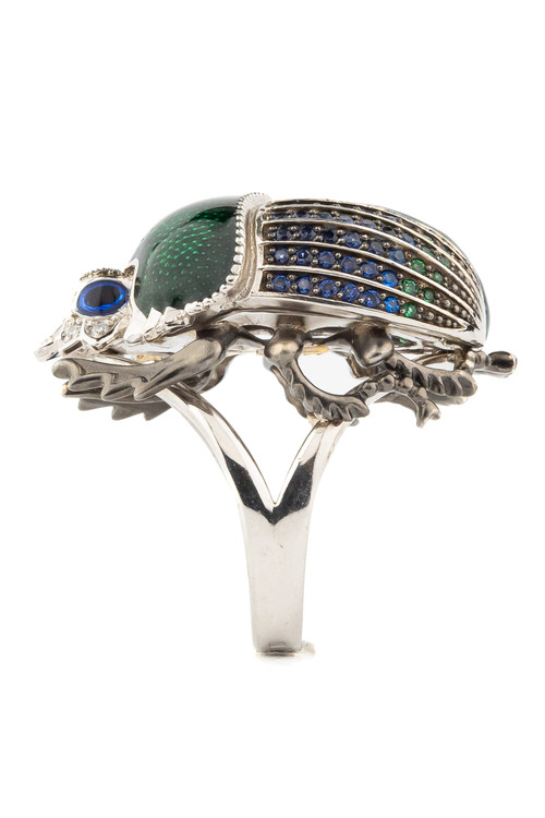 Кольцо из белого золота c эмаль , фианитом и сапфиром