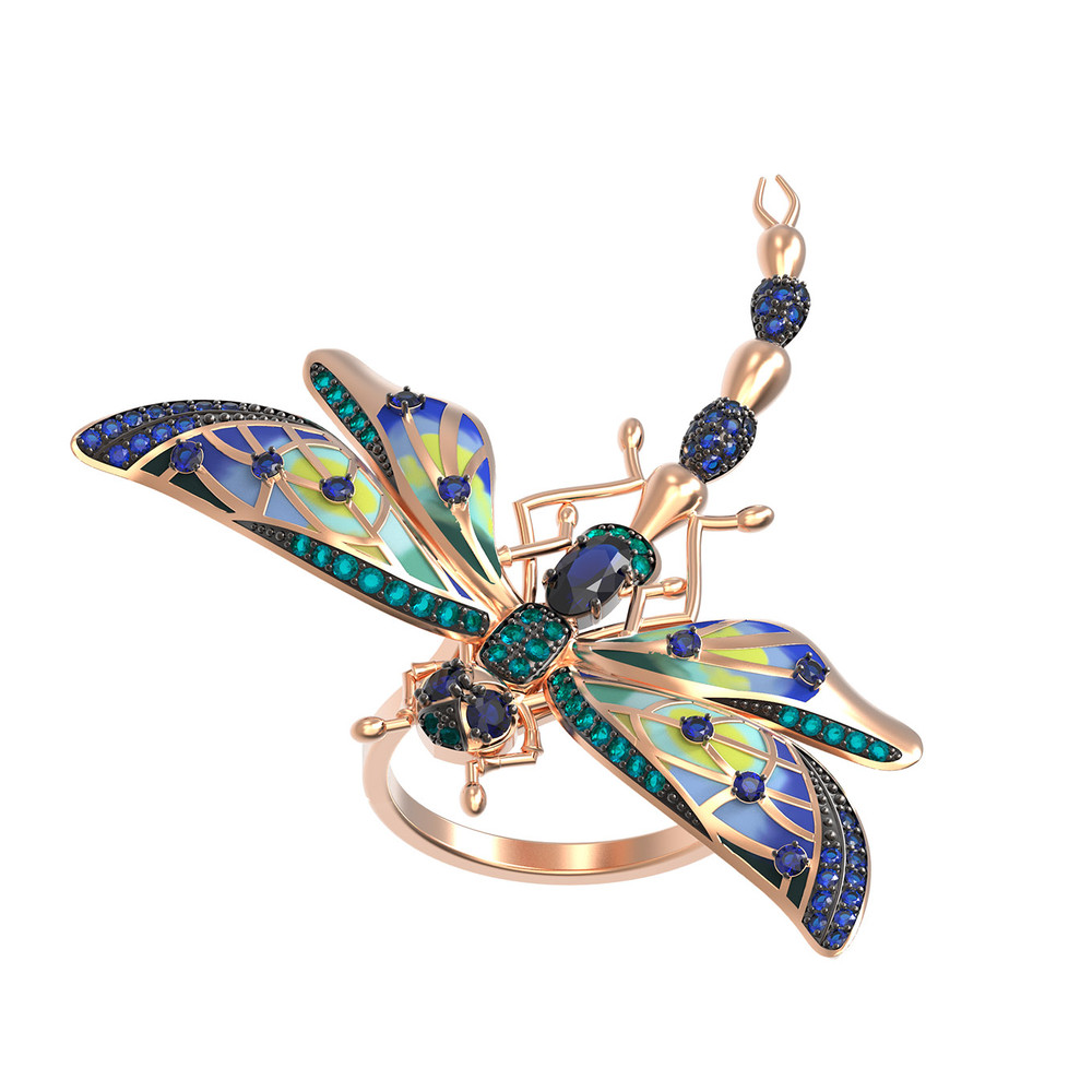 Кольцо из золота c фианитом, сапфиром и эмалью