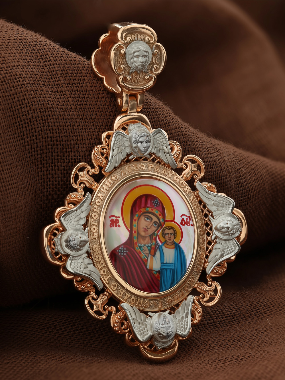 Образок из золота c эмаль и перламутром