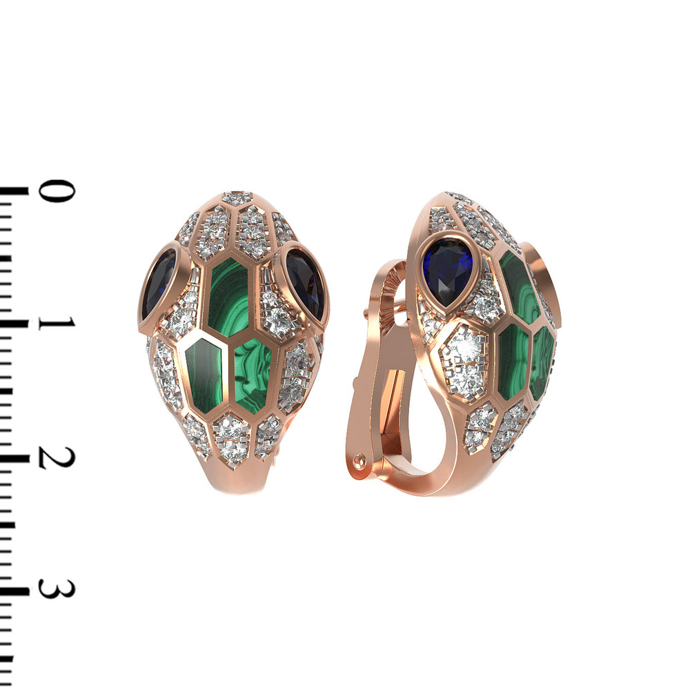 Серьги из золота c бриллиантами, сапфиром и малахитом