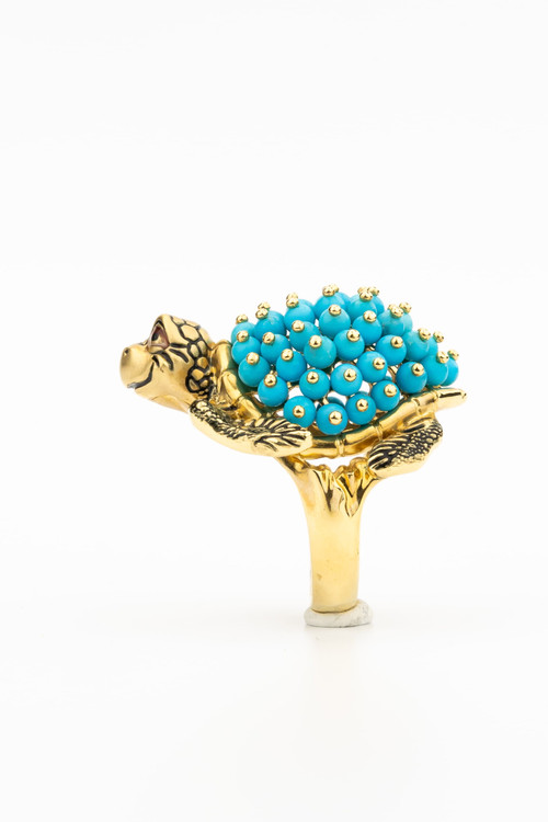 Кольцо из лимонного золота c эмаль и бирюзой