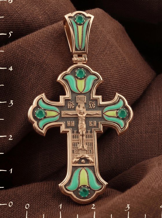 Крест из золота c эмаль и хризопразом