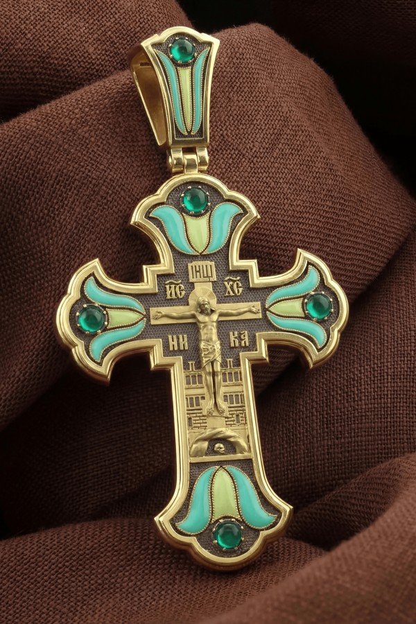 Крест из лимонного золота c эмаль и хризопразом